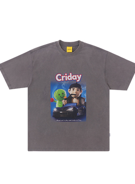 CANDYMADE X 2C联名夏季星期五白墨直喷灰色短袖T恤上衣