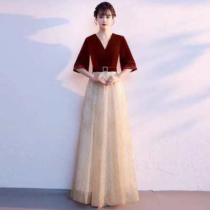 大合唱团演出服女成人长裙比赛朗诵表演服主持人长裙气质晚礼服