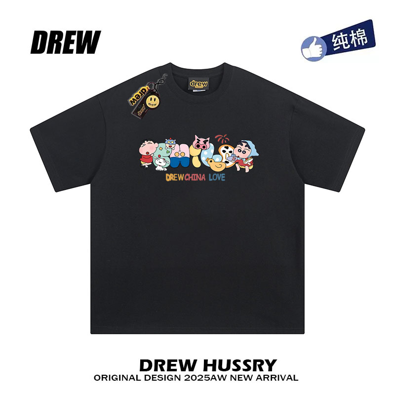 drew美式潮牌蜡笔小新卡通印花短袖t恤男女休闲宽松学生情侣半袖