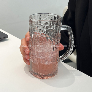 家用喝水杯啤酒杯果汁杯冷饮杯树纹带把手玻璃杯ins风大容量 夏季