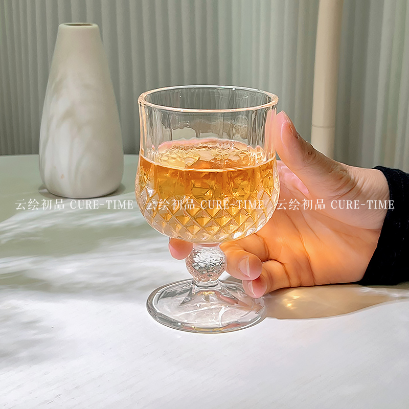 钻石浮雕玻璃杯ins风复古高颜值甜果酒饮料杯鸡尾酒杯高脚红酒杯
