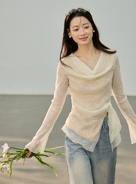 Tania S家韩版荡领花卉肌理感蕾丝衫女装春季新款长袖衬衣上衣