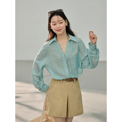 S家韩式宽松中长款条纹衬衫上衣