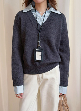 Tania S家设计感假两件衬衫领拼接毛衣女2025冬季新款针织衫上衣