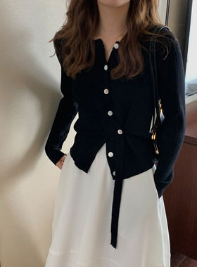 Tania 复古不规则圆领针织开衫女25秋冬季纯色坑条纹毛衣百搭上衣