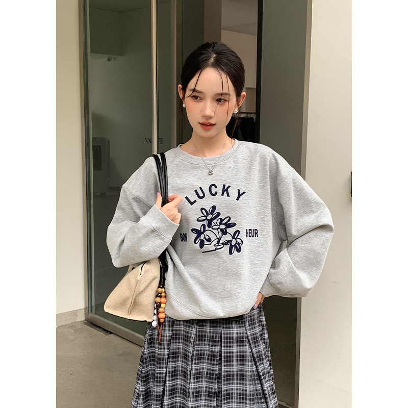 印花宽松圆领长袖卫衣休闲上衣女