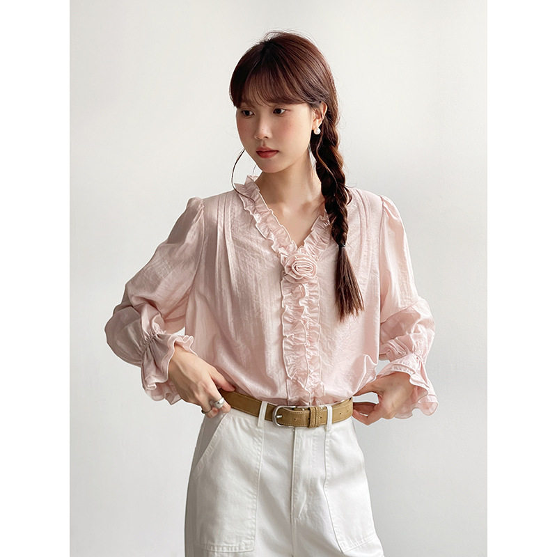 Tania S家25春季新款纯色衬衫喇叭袖通勤衬衣长袖百搭上衣女