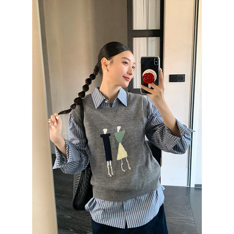 衣尔衫 休闲 条纹宽松口袋中性风衬衫女POLO领韩系慵懒0540