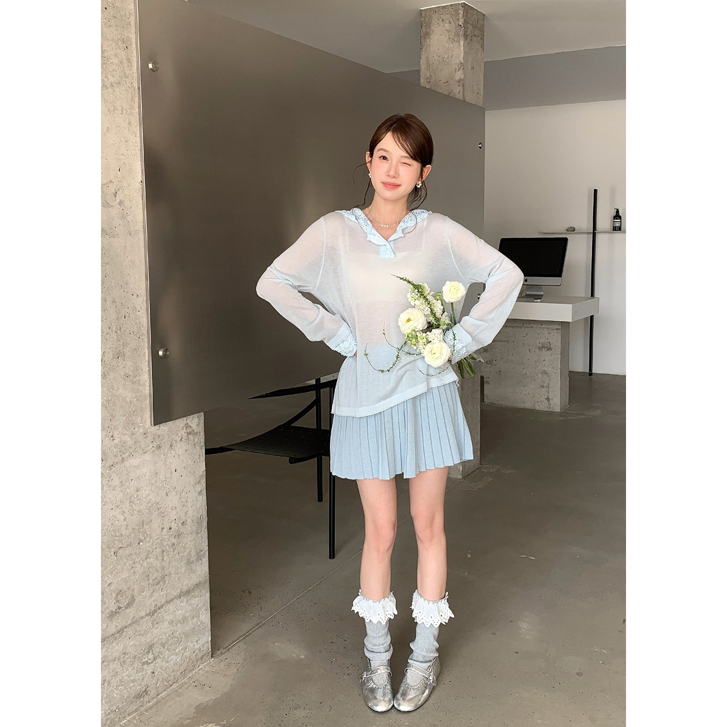 Tania S家天丝微透蕾丝连帽罩衫纯色针织衫女韩系新款防晒衫上衣