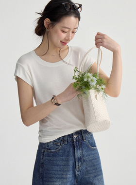 Tania S家韩系通勤圆领小飞袖T恤女春季新款纯色百搭宽松上衣