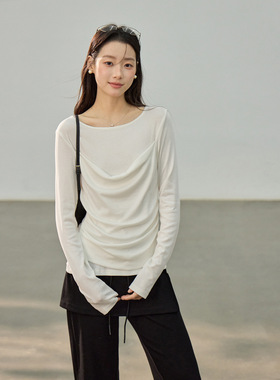 Tania S家纯色假两件荡领褶皱t恤女装26春季新款长袖百搭宽松上衣