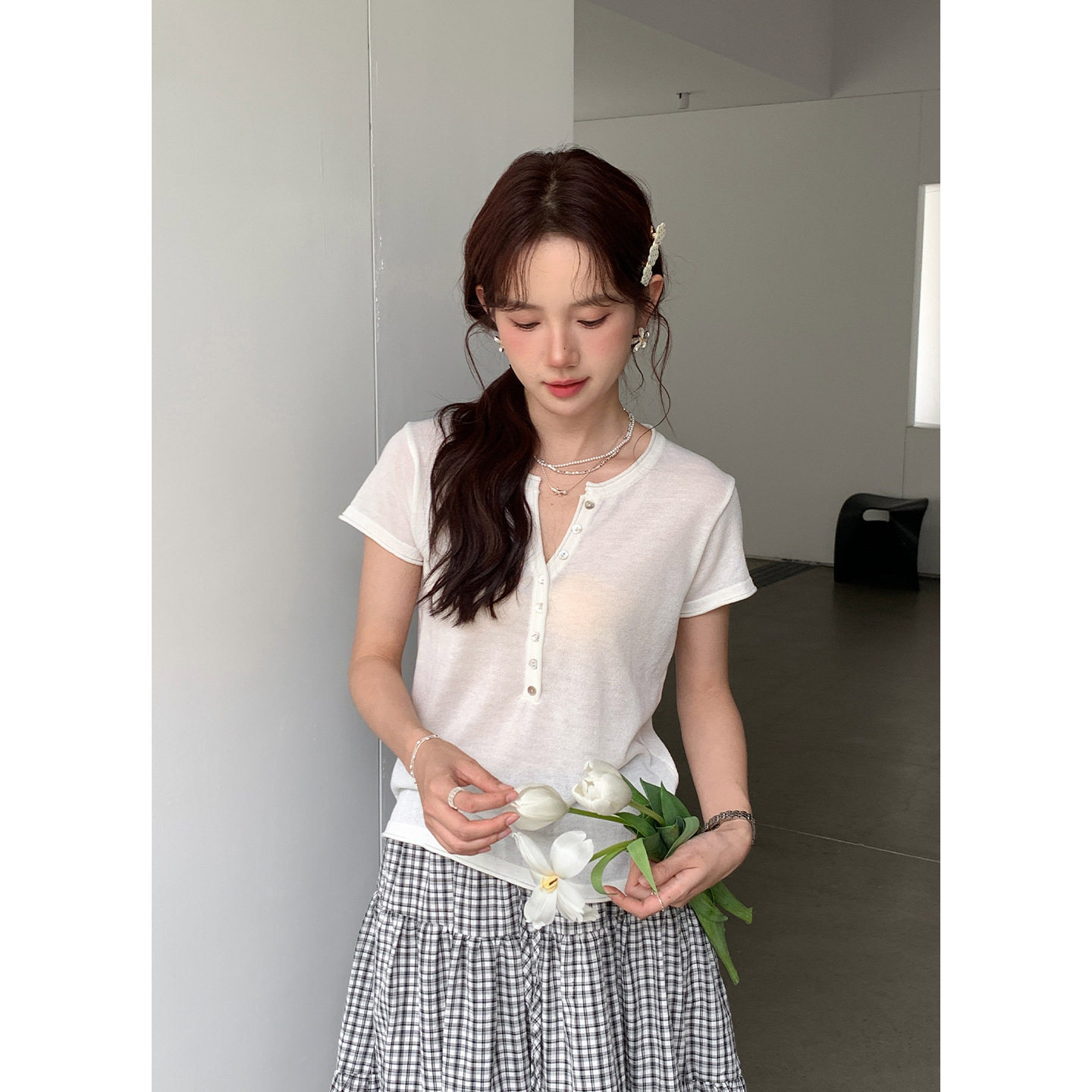 Tania S家韩系简约半开领纽扣短袖小衫薄款休闲百搭基础款针织女
