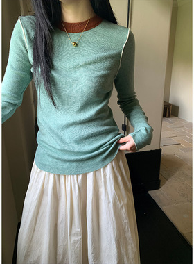 Tania 韩代撞色百搭修身半高领针织衫女正肩显瘦内搭ins打底上衣