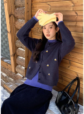 Tania 25韩系冬季厚款单排扣刺绣感毛衣开衫休闲百搭显瘦针织外套