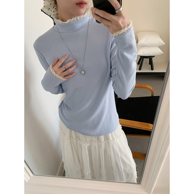 复古蕾丝花边拼接中高领T恤上衣