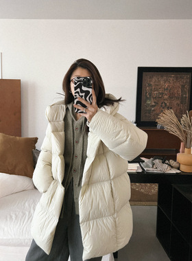 Tania 90白鹅绒 中长款简约磁吸扣女条纹绗线连帽秋冬羽绒服外套