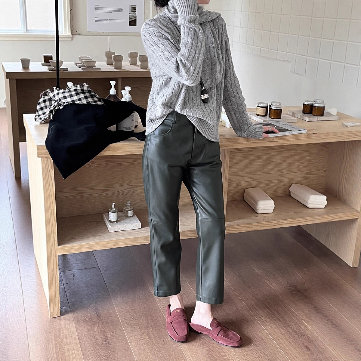 Tania S家秋季新款韩版淑女休闲裤九分百搭高腰烟管皮裤显瘦裤子