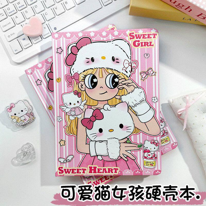 猫女孩可爱日记本a5粉色加厚记事本韩系少女彩页硬面本印花手账本