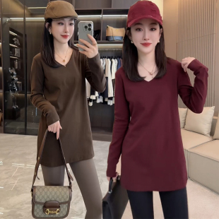 T恤上衣打底衫 长袖 内搭 设计感百搭V领显瘦中长款 欧货2025秋女时尚