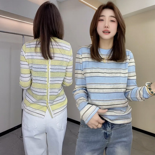 欧货2026春女时尚设计感气质简约韩系条纹显瘦长袖T恤上衣打底衫