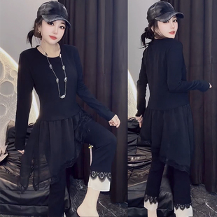 欧货2026春女时尚 上衣打底 设计感气质蕾丝网纱拼接不规则下摆长袖