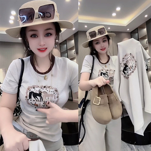 欧货2026春夏女时尚 T恤上衣打底 设计感气质百搭圆领小马印花短袖