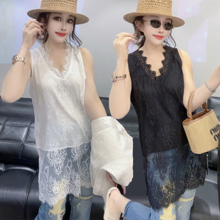 假两件上衣内搭潮 中长款 欧货2026春女时尚 高级感V领蕾丝拼接无袖