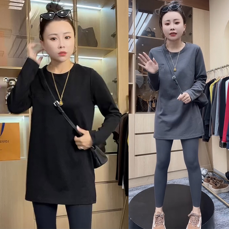 欧货2025秋女时尚设计感气质百搭显瘦修身中长款长袖T恤打底上衣