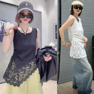 欧货2026春女时尚 内搭潮 高级感气质褶皱蕾丝不规则拼接背心打底衫