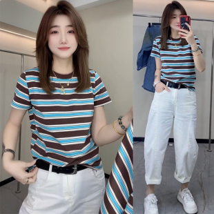 欧货2026春女时尚 T恤宽松显瘦上衣潮 设计感气质百搭休闲条纹短袖