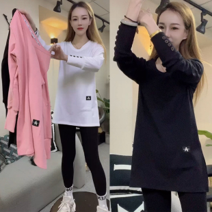 显瘦T恤打底衫 侧开叉中长款 上衣 设计感纽扣长袖 欧货2024冬女时尚