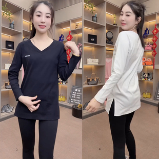 侧开叉T恤长袖 中长款 上衣 设计感气质V领显瘦修身 欧货2026春女时尚