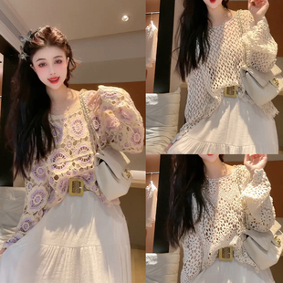 针织衫 显瘦上衣罩衫 潮 高级感重工镂空钩花长袖 欧货2026春夏女时尚