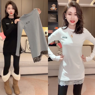 T恤打底衫 蕾丝拼接中长款 潮 设计感气质百搭圆领长袖 2025冬女时尚