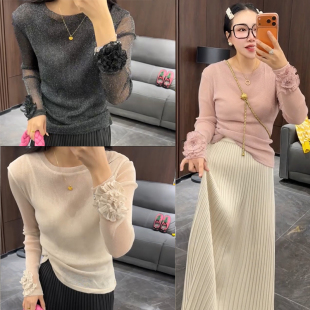 欧货2026春女时尚 显瘦T恤上衣打底 高级感气质轻奢立体花拼接长袖