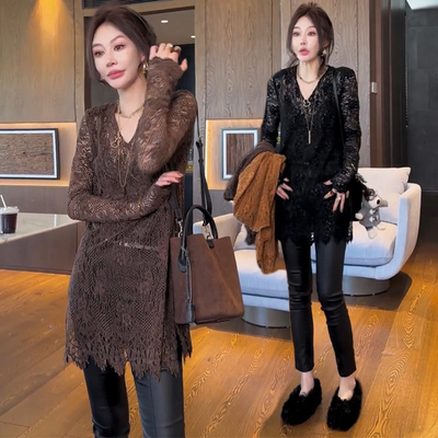 欧货2025秋女设计感气质蕾丝衫长袖V领中长款显瘦打底衫T恤上衣潮