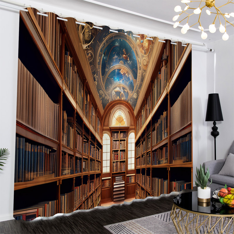 复古文艺欧式图书馆厚遮光布帘卧室书房隔断办公背景装饰窗帘定制