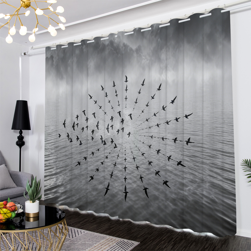 简约现代个性墨韵飞鸟遮光窗帘布