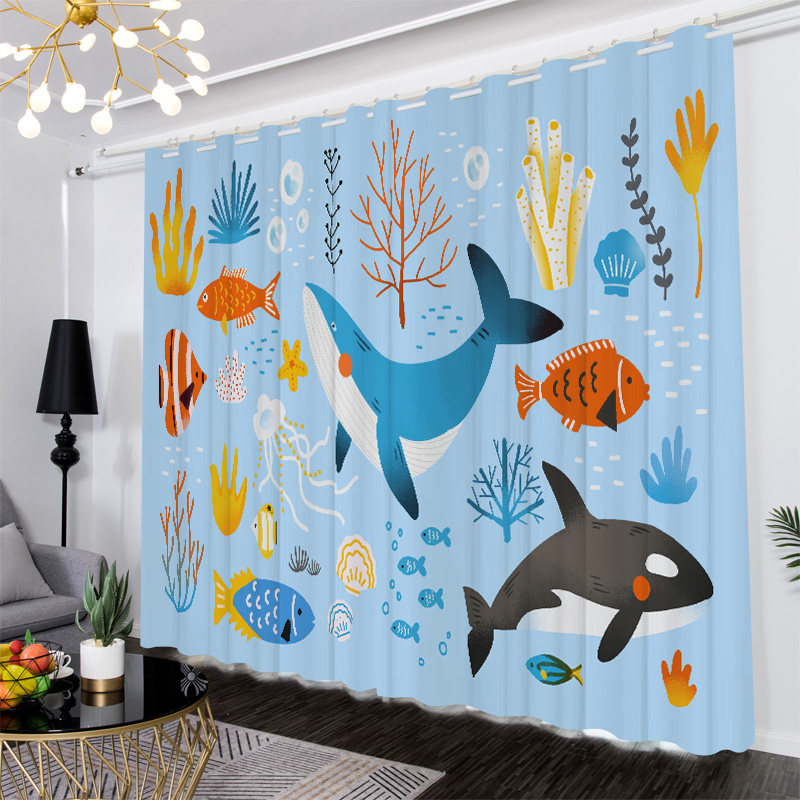 卡通蓝色海洋遮光窗帘定制卧室儿童房客厅幼稚园隔断背景布免打孔,居家布艺,定制窗帘,淘宝优惠券,粉丝福利购,淘宝优惠卷