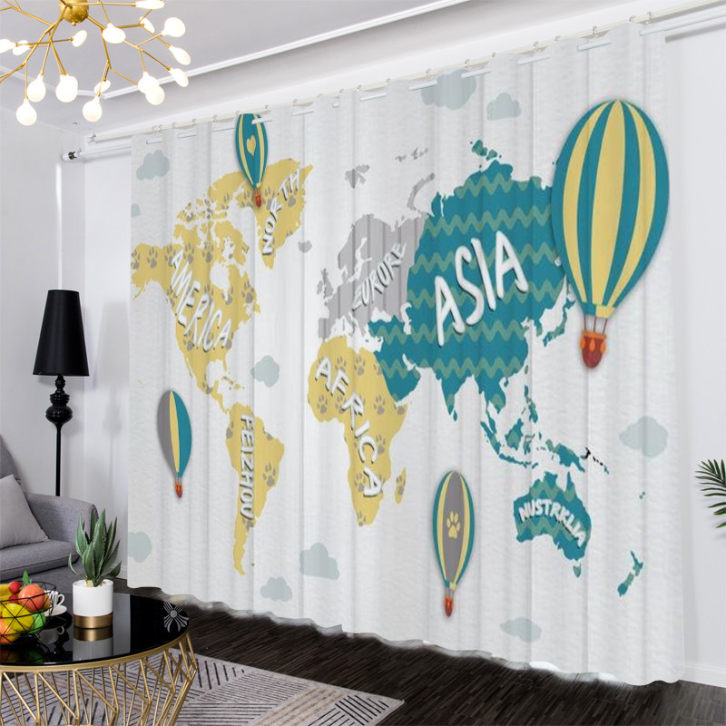 遮光卧室隔断简约卡通地图窗帘