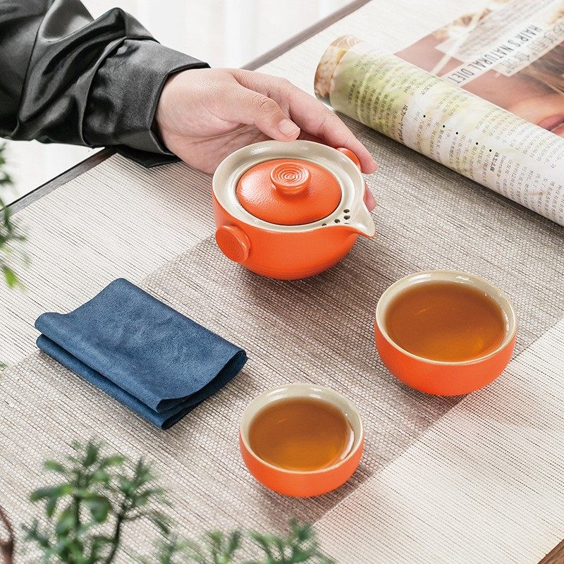 旅行茶具粗陶快客杯便携收露营户外收纳包爱马橙车载防烫一壶两杯,餐饮具,旅行茶具,淘宝优惠券,粉丝福利购,淘宝优惠卷