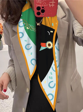深蓝色长条小丝巾女高级感菱形方巾2024新款气质搭配衬衫装饰领巾