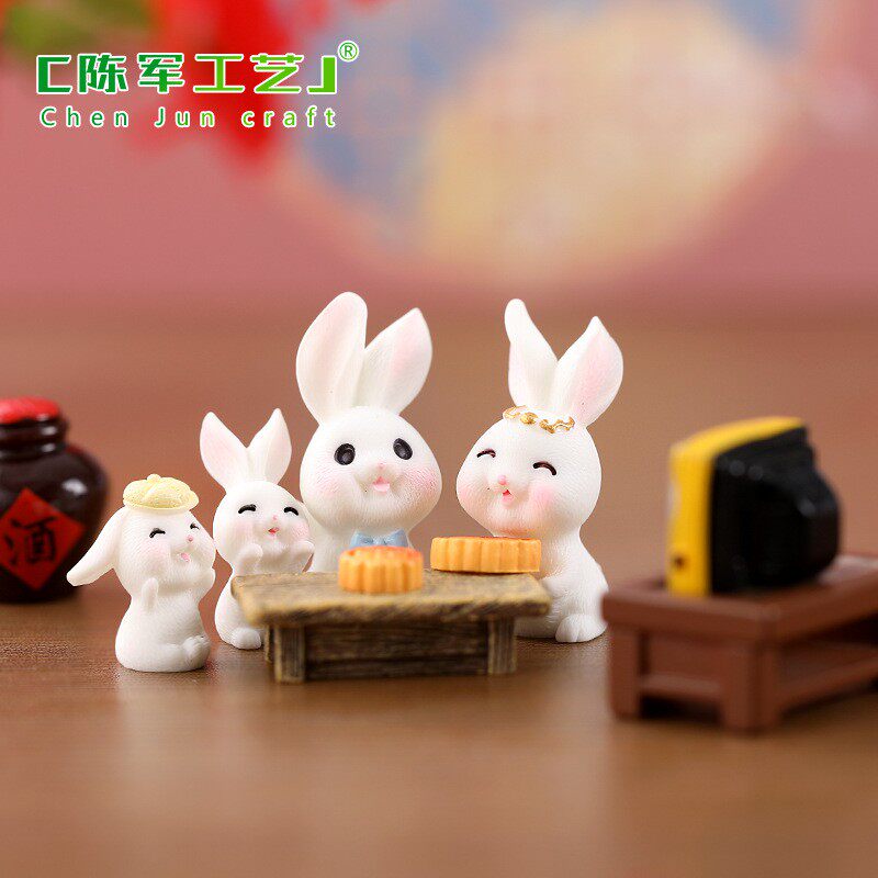 微景观可爱中秋节小兔子月饼 园艺diy装饰配件桌面车载树脂小摆件