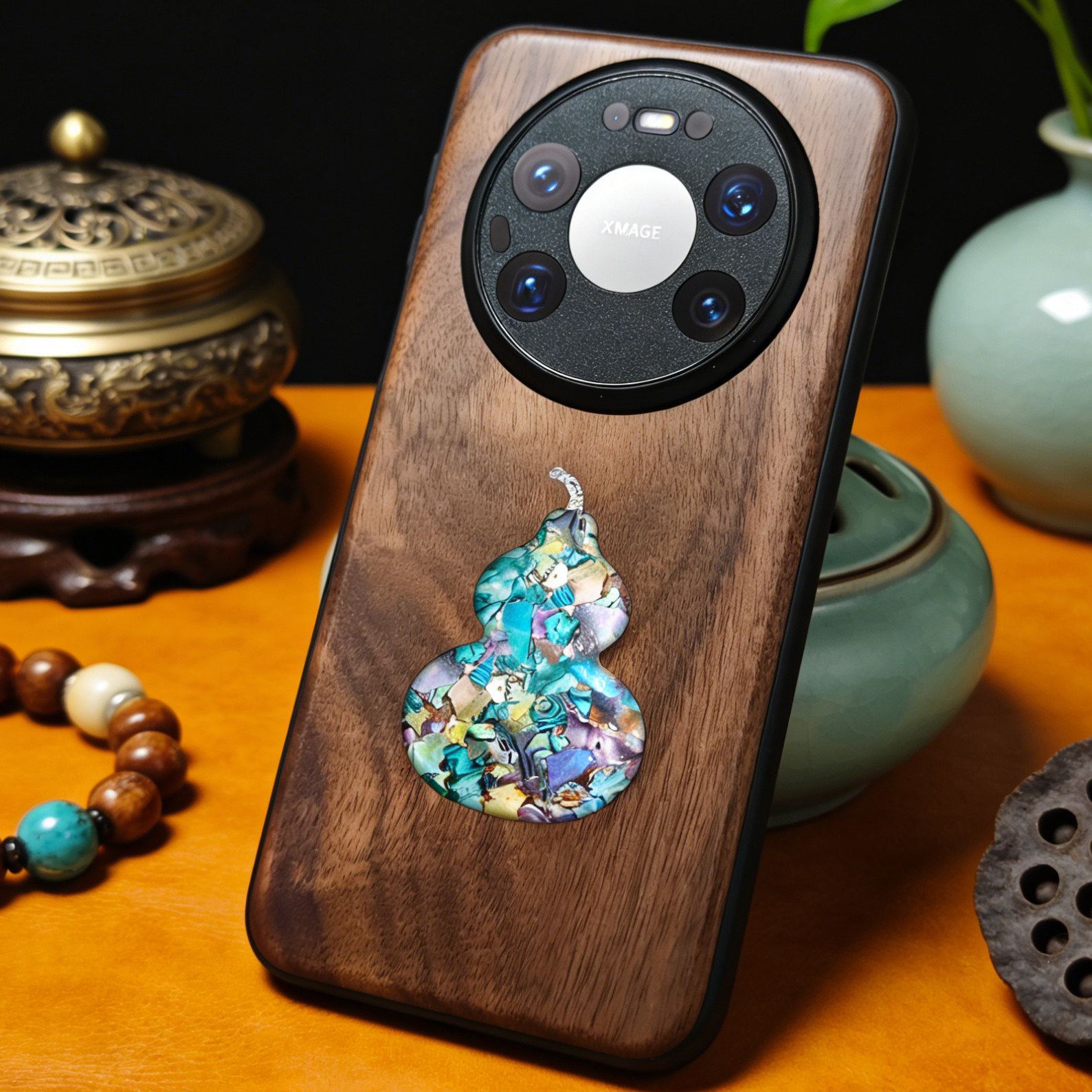 实木螺钿手机壳&middot;【葫芦】原创木质手机壳适用于三星苹果华为mate70保护壳免费定制刻字小众工艺壳