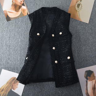大码小香风毛呢背心马甲无袖坎肩外套胖mm中长款洋气粗花显瘦马夹