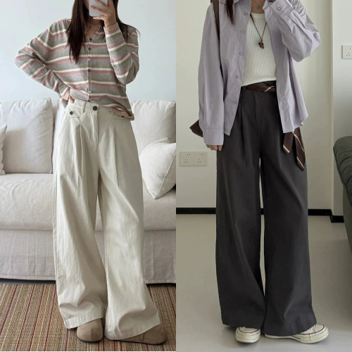 秋新大码日系水洗棉显瘦阔腿裤女