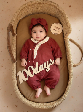 韩式婴儿连体衣红色喜庆满月酒女宝宝和尚服哈衣百日100天爬服a类