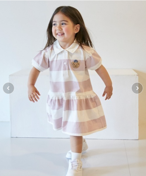 90-130 日单 pm 24夏女童条纹纯棉小熊袖标polo连衣裙日本原单