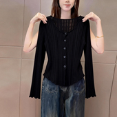 女修身 2026早春季 t恤开衫 黑色高级感v领长袖 显瘦百搭气质上衣 新款