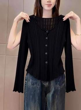 2026早春季新款黑色高级感v领长袖t恤开衫女修身显瘦百搭气质上衣